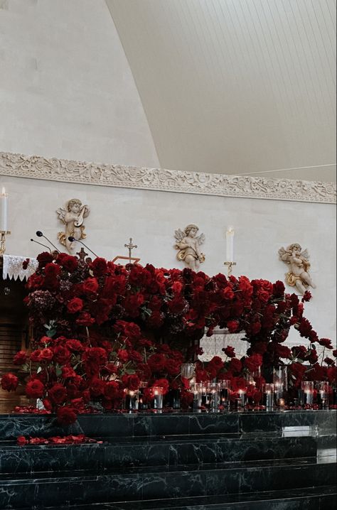 Stylish red, burgundy and maroon altar table at a Roman Catholic Church Scorpio Wedding, 2025 Bride, Juliet 1996, Dark Victorian, Red Rose Wedding, Church Wedding Decorations, Altar Decor, Altar Table, Cathedral Wedding