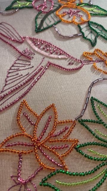 summer florals Embroidery Design With Beads, Embroidery Flower Template, Beading Techniques Fabric, Beginner Bead Embroidery Ideas, Tambour Embroidery Dress, How To Do Beaded Embroidery, Bead Embroidery Aesthetic, Embroidery With Beads On Clothes, Beading Embroidery On Fabric