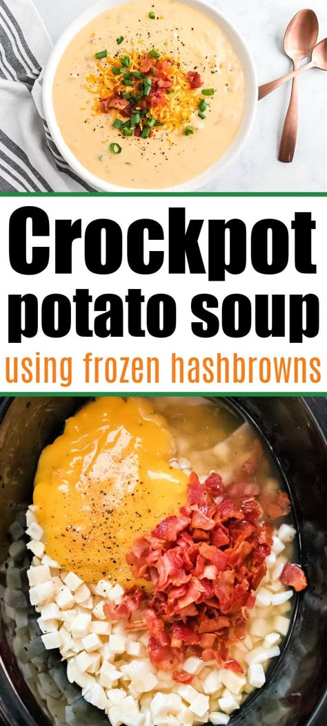 Creamy Crockpot potato soup with frozen hashbrowns is a cheap dinner with tons of flavor. Top with bacon and cheese for a killer meal. #crockpotpotatosoup #potatosoup #slowcookerpotatosoup Crockpot Potato Cheese Soup, Potato Soup With Frozen Hashbrowns, Potato Cheese Soup, Potato Soup Crock Pot Easy, Crockpot Potato Soup, Food For Lunch, Crockpot Potato, Potato Bacon Soup, Slow Cooker Potato Soup