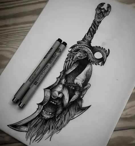 Viking Soldier Tattoo, Blades Of Chaos Tattoo Ideas, Viking Dagger Tattoo, Kratos Tattoo Ideas, Blades Of Chaos Tattoo, Kratos Tattoo Design, Viking Style Tattoo, Nordic Sleeve, Blade Of Chaos