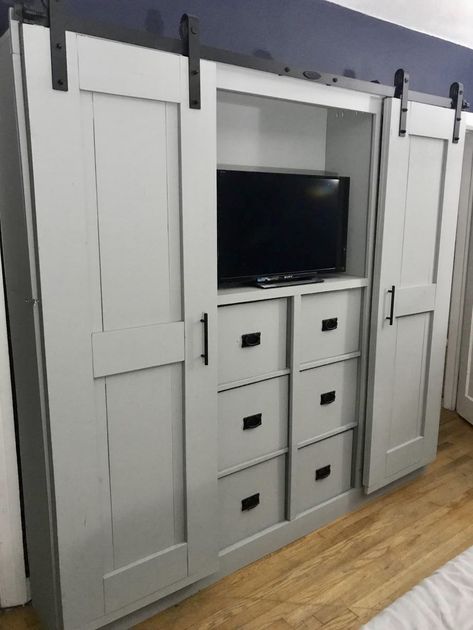 Closet Alternatives, Barn Door Cabinet, Barn Door Entertainment Center, White Barn Door, Built In Entertainment Center, Built In Dresser, Barn Door Closet, White Closet, Bedroom Upgrade