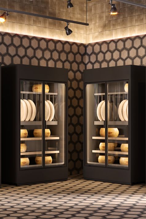 Cheese Shop Design, Crockery Display, Pasta Shop, Display Refrigerator, Snack Display, Dessert House, Cheese Store, Cheese Display, Wine Cellar Design