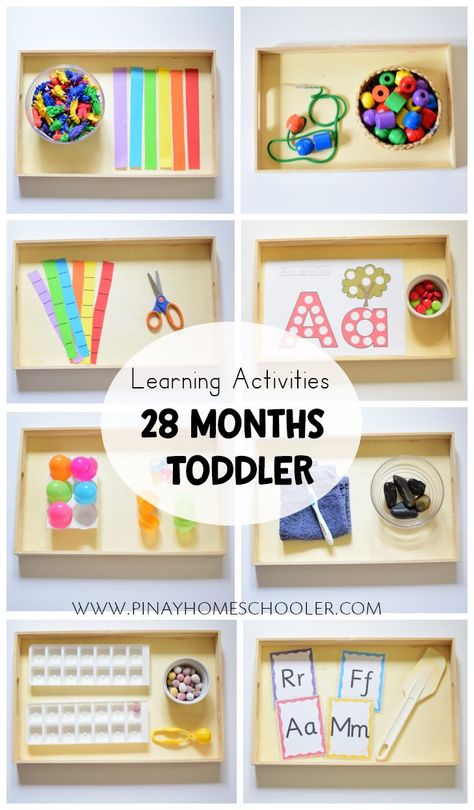 Learning activity trays for #28monthsold toddler #montessori #preschool #practicallfeskills #finemotorskills #activities #kidsactivities #homeschool #homeeducation Montessori Trays, Toddler Montessori, Toddler Curriculum, Montessori Lessons, Toddler Homeschool, Montessori Toddler Activities, Toddler Education, Montessori Preschool, Montessori Ideas