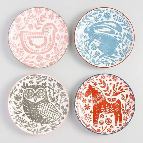 Cost Plus World Market Scandi Folklore Animal Salad Plates Set of 4 #affiliatelink Folklore Decor, Deb Ball, Animal Plates, Ceramic Cafe, Jesse Tree, Painted Ceramic Plates, Pottery Painting Designs, Scandinavian Ceramic, Holiday Table Decorations