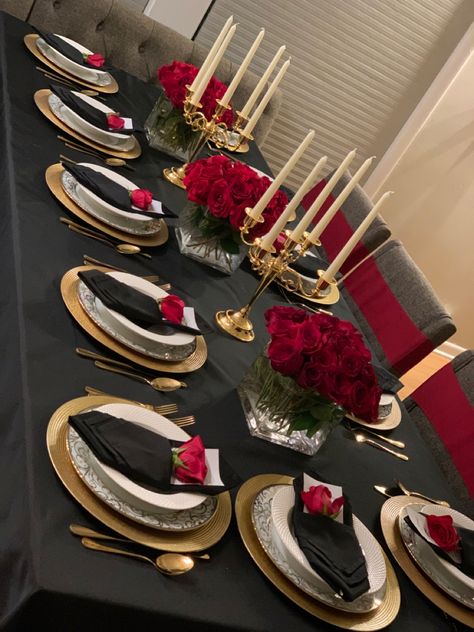 Had a clue theme party and wanted to do up the table. Looked amazing. Maybe should have added red placemats. Black And Red Tea Party, Red And Cream Table Setting, Black And Red Dinner Table, Red Black Gold White Table Setting, Black Red Table Setting, Ruby Red Party Theme, Red And Gold Centerpieces Diy, Black Red And Gold Wedding Decoration Table Settings, Red And Black Dinner Table Decor