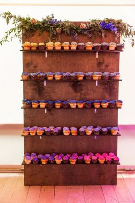 Cupcake Display Ideas, Cupcake Wall, 10th Anniversary Party, Colorful Cupcakes, Buffet Set, Cupcake Display, Alice In Wonderland Tea Party, Event Inspiration, Wedding Cupcakes