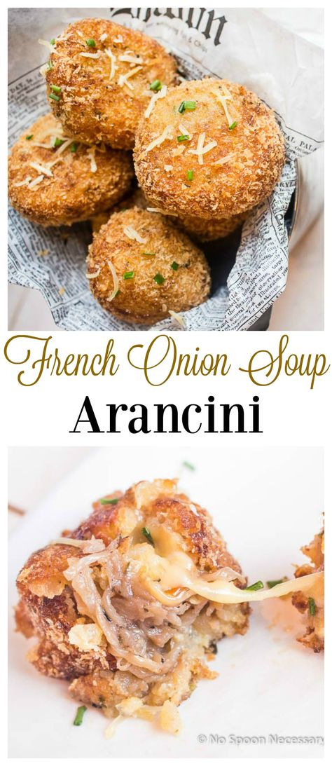 French Onion Soup Stuffed Arancini - complete with caramelized onions and Gruyere cheese! French Onion Soup Balls, Fried Risotto Balls, Italian Sides, Risotto Balls, Arancini Recipe, Classic French Onion Soup, Happy Cooking, Best Party Food, Appetizers Recipes