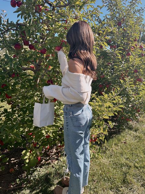 apple picking in a fall outfit in the fall Apple Picking Fall Outfit, Cute Fall Outfits Apple Picking, Apple Farm Outfit Fall, Fall Apple Orchard Outfit, Fall Outfits Apple Picking, Apple Orchard Fall Photoshoot, Apple Picking Picture Ideas, Apple Farm Outfit, Fall Orchard Photoshoot