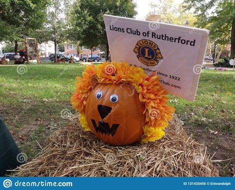 Cute Autumn Pumpkin, Pumpkin Decorated As A Lion, Rutherford, NJ, USA. Photo about decorations, fall, adorable, america, autumn, create, lions, club, community, cute - 131420456 Lion Pumpkin Decorating, Lion Pumpkin, Halloween Forest, Kindergarten Halloween, Autumn November, Easter Egg Decorating Kits, Lion Craft, Elegant Pumpkins, Halloween Kindergarten