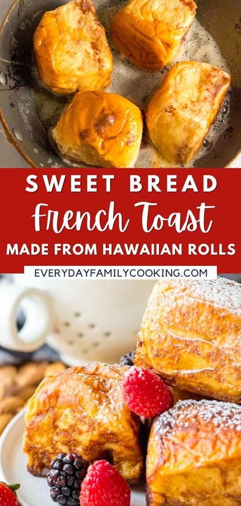 Hawaiian bread French toast is soaked in cinnamon, egg, & milk, then cooked up on all sides in butter. Serve with fresh berries & a sprinkle of powdered sugar! Hawaiian Bread French Toast Casserole, Hawaiian Sweet Rolls French Toast, Kings Hawaiian French Toast, Hawaiin Rolls French Toast, Hawaiian Sweet Bread French Toast, Delicious French Toast Recipe, Gluten Free Brunch Recipes, Gluten Free Brunch, Easy Breakfast Smoothies