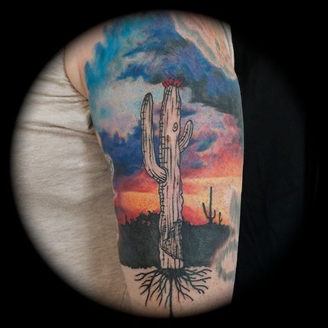 done by Kegan Eastham (@artbykegan) at the Inkery in Austin, TX Arizona Tattoo Ideas, Desert Tattoo, Arizona Tattoo, State Tattoos, Running Tattoo, Tribute Tattoos, Cactus Tattoo, Landscape Tattoo, Tattoos For Black Skin