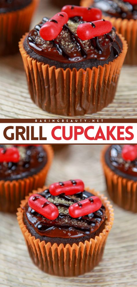 A Father's Day dessert recipe featuring moist chocolate cupcakes! Anyone can handle this Father's Day cupcake idea. Topped with chocolate frosting and decorated to look like a grill, this is such a fun cupcake design! Surprise Dad with these BBQ grill cupcakes! Father’s Day Cupcakes Simple, Father Day Desserts, Summer Cupcakes Ideas For Kids, Desserts For Father’s Day, Father's Day Cupcakes Ideas, River Cupcakes, Decorated Cupcakes Ideas, Fathers Day Dessert, Fathers Day Recipes