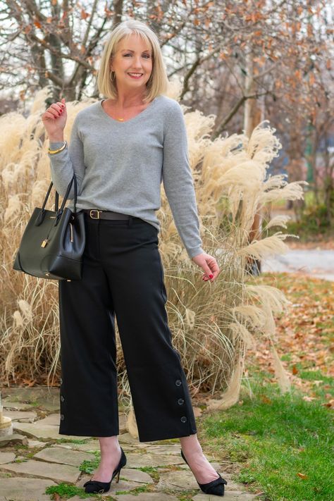 My 19 Favorite Outfits of 2019 - Dressed for My Day 60 Years Old Women, Cropped Pants Outfit, Black Crop Pants, Dressed For My Day, Black Silk Shirt, Neutral Dress, Gray Cashmere Sweater, Aging Beauty, Coordinating Outfits