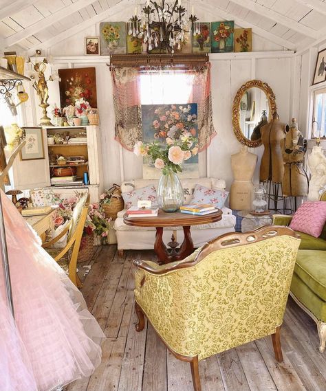 Shabby Chic Tiny House Interior, Girly Cabin Decor, She Shed Inside, Whimsical She Shed, Vintage She Shed, Small She Shed Interiors, Inside She Shed Ideas, Women Cave, Shabby Chic She Shed