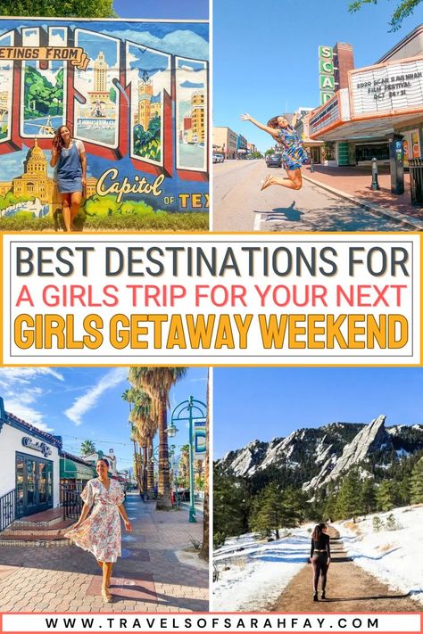 Sometimes you just need a girls getaway weekend, away from the day to day stress of life. Whether you are looking for an adventure-packed weekend or a low-key chance to relax, these cities have a ton to offer for any girls weekend that you are planning. These are some of the best destinations for a girls trip for all types of friend groups. Types Of Friend Groups, Girls Getaway Weekend, Girls Trip Ideas, Girls Trip Destinations, Girlfriend Trips, Spa Getaways, Friend Groups, Girls Weekend Getaway, Trip Destinations