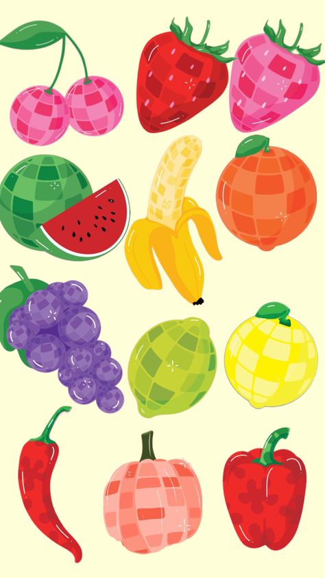 #disco #fruit #discofruit Disco Fruit, Fruit Collage, Timeless Clothing, Sky Art Painting, Fruits Drawing, Posca Art, Pottery Painting Designs, Tie Dye Pattern, Fruit Painting