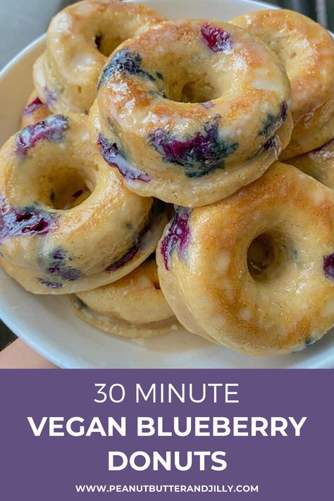 These vegan blueberry donuts are quick and easy to make! They are fluffy, baked not fried, melt in your mouth, and only take 30 minutes! Donut Tray, Blueberry Donuts, Vegan Baking Recipes, Vegan Baked, Vegan Donuts, Donut Recipe, Tray Bake, Powder Sugar, Vegan Brunch