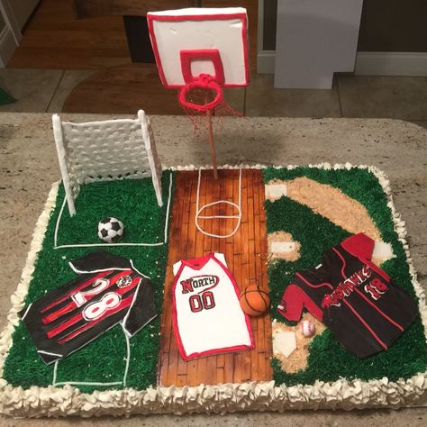 Soccer, basketball, baseball themed birthday cake. Square Cake Designs, Basketball Field, Basketball Birthday Cake, Square Cake Design, Baseball Cake, Party 2023, Basketball Birthday, Square Cake, Themed Birthday Cakes