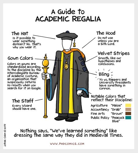 06/18/14 PHD comic: 'A Guide to Academic Regalia' Dissertation Humor, Doctorate Party, Alchemist Costume, Academic Robes, Grad School Problems, Dissertation Motivation, Masters Graduation Pictures, Phd Comics, Academic Regalia