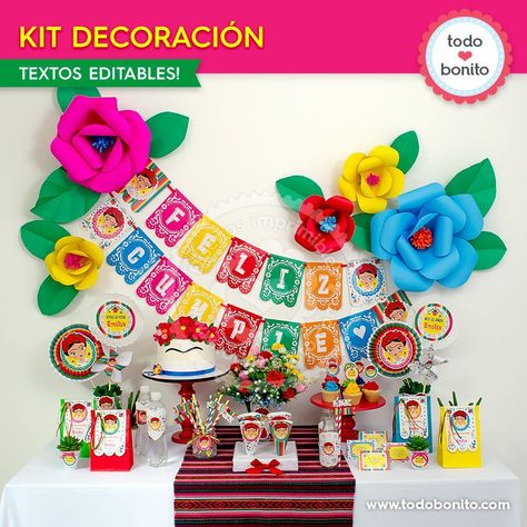 Kit imprimible de Frida Kahlo por Todo Bonito Mexican Party Theme, Halloween Arts And Crafts, Fiesta Decorations, Mexican Decor, Healthy Food List, Mexican Party, Healthy Eating For Kids, Kids Diet, Flower Cake