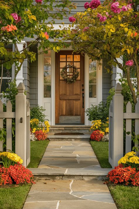 home entrance garden Home Entrance Decor Outdoor, Cottage Doors Front Entrance, Home Entrance Garden, Fun Garden Art, Cute Lights, Comfy Bench, Entrance Garden, Solar Lights Diy, Cottage Door