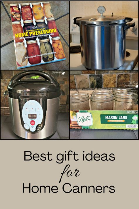 A collage of home canning equipment. "Best gift ideas for home canners." Electric Pressure Canner, Canning Gifts, Food Stocking Stuffers, Canning Equipment, Stocking Stuffers For Mom, Stocking Stuffers For Adults, Mason Jar Kitchen, Canned Fruits, Diy Stocking Stuffers