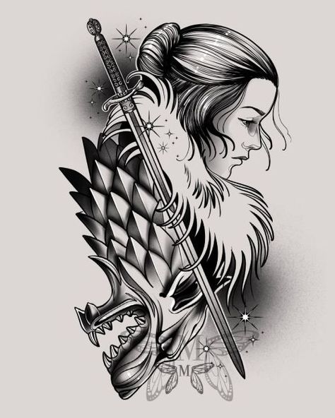 Arya Stark Drawing, Arya Stark Tattoo Ideas, Stark Tattoo Game Of Thrones, Game Of Thrones Art Illustration, House Stark Tattoo, Asoiaf Tattoo, Arya Tattoo, Games Of Thrones Tattoo, Arya Stark Tattoo