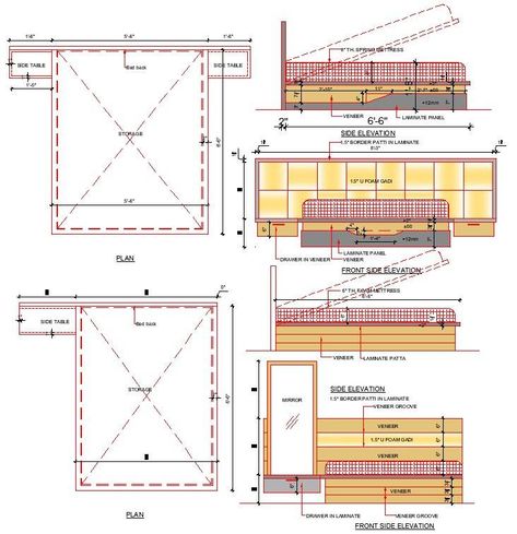 Bed detail drawing for 5'5 Bed Working Drawing, Bed Design Drawing, Bed Elevation Drawing, Bed Section Detail Drawing, Bed Detail Drawing, Modern Bed Design Master Bedrooms, Interior Details Drawing, Bed Elevation, Bed Drawing