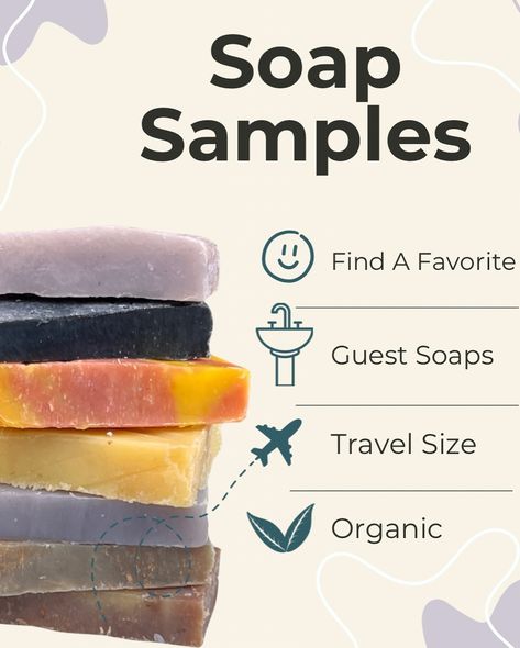 What is your favorite scented soap? Our sample packs are a popular and fun way to explore handmade soaps. Pure and fun. #soapsamples #guestsoap #travelsoap #airbnbamenities #vrbopremierhost Cheap Soap Packaging Ideas, Single Use Soap, Soap Business Content Ideas, Soap Samples, 100% Natural Soap, Sample Packs, Soap Company, February 11, What Is Your Favorite