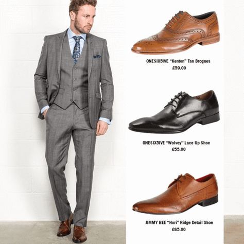 Knowing how to match dress shoes with your suits is an area that has plagued the aspiring fashionable man for many a year! Fret no further! In this comprehensive guide, we cover how to match dress shoes with your suits, from both shoe color and shoe style perspectives. #dapper #mensstyle Grey Suit Shoes, Grey Suit Brown Shoes, Homecoming Styles, Wedding Suits Men Grey, Men Wardrobe, Groomsmen Ideas, Shirt And Tie Combinations, Grey Suits, Types Of Suits