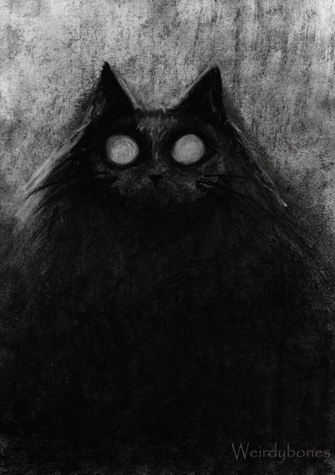 Scary Black Cat Art, Shadow Cat Art, Scary Cat Art, Creepy Cat Drawing, Black Cat Drawing Simple, Creepy Cat Art, Creepy Black Cat, Dancing Animation, Cat Eyes Drawing