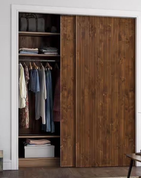 walnut 84 in. x 80 in. Japanese Series Pre Assemble Walnut Stained Solid Wood Interior Double Sliding Closet Doors Wood Panel Closet Doors, Double Sliding Closet Door Ideas, Large Sliding Closet Doors, Sliding Closet Doors Makeover Diy, Wooden Closet Doors, Modern Closet Doors Sliding, Walnut Closet, Japanese Style Sliding Door, Closet Sliding Doors