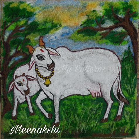 Baras Rangoli, Vasu Baras Rangoli, Field With Trees, White Cows, Pongal Kolam, Rangoli Diwali, Cow Drawing, Easy Rangoli Designs Diwali, Happy Pongal