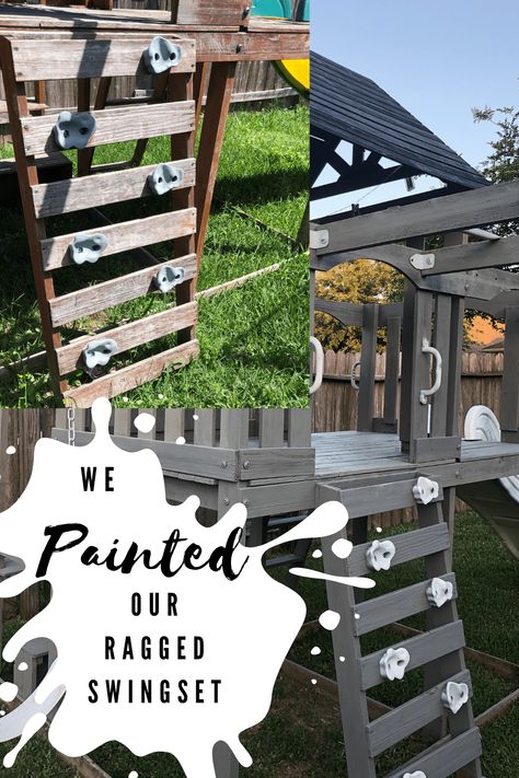 Restoring Wooden Playset, Wooden Play Set Makeover, Wooden Playground Makeover, Outdoor Playset Makeover, Swing Set Makeover, Painted Playhouse, Playset Makeover, Playset Diy, Wood Playground