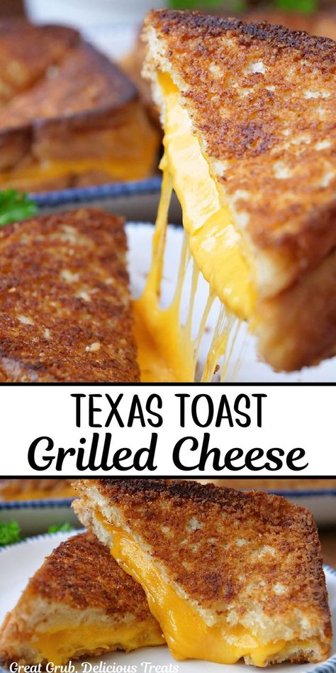 A double collage photo of a grilled cheese sandwich with a Parmesan garlic butter crust with the gooey cheese. Grilled Cheese With Texas Toast, Recipes Using Texas Toast, Texas Toast Sandwich Ideas, Texas Toast Grilled Cheese, Ultimate Grilled Cheese Sandwich, Texas Toast Bread, Homemade Grilled Cheese, Grilled Cheese Sandwich Recipe, Toasted Sandwich