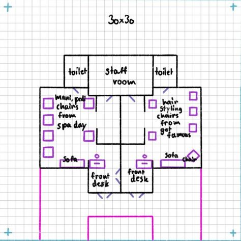 Ellen on Instagram: "454. 30x30 nail and hair salon @rayvensky81designs asked me if I could make a floor plan for a nail and hair salon on a 30x30 lot. This is what I came up with. #sims #sims4 #sims4getfamous #sims4spaday #simstutorial" Sims Nail Salon, Nail Salon In Bloxburg, Bloxburg Nail Salon Ideas, Sims 4 Nail Salon Build, Bloxburg Nail Salon Decals Codes, Bloxburg Hair Salon, Bloxburg Nail Salon, Bloxburg Salon, Salon Layout Ideas Floor Plans