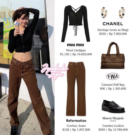 Jennie Style, Reformation Jeans, Outfit Cardigan, Bag Chanel, Fashion Vocabulary, Artist Outfit, Chanel Earrings, Closet Fashion, Kpop Fashion Outfits