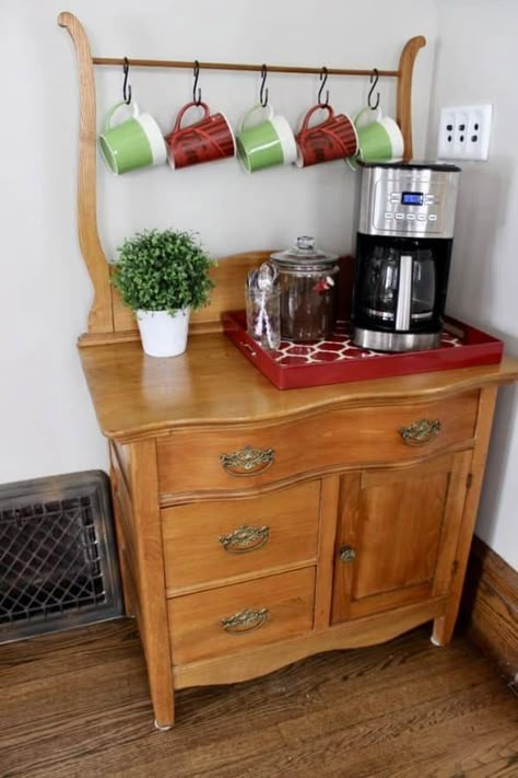 A coffee bar created from a vintage piece of bedroom furniture. Wash Stand Coffee Bar, Washstand Coffee Bar, Vintage Coffee Bar, Antique Wash Stand, Antique Bedroom Furniture, Vintage Bedroom Furniture, Design Light, Painting Wooden Furniture, Interior Vintage