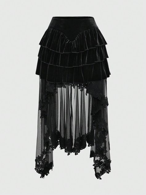 ROMWE Goth Gorgeous Gothic Party 3-Tier Velvet Ruffles Patchwork Asymmetrical Mesh Hem, Black SkirtI discovered amazing products on SHEIN.com, come check them out! Gothic Party, Women Skirts, Hem Skirt, Ruffle Hem Dress, Women Midi, Cosplay Dress, Black Party, Women Long Dresses, Boho Women