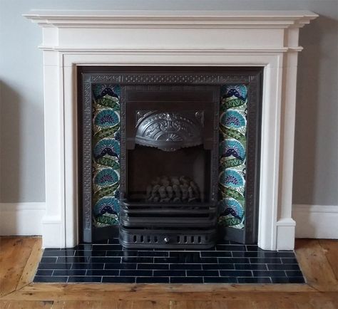 Edwardian Tiles, Victorian Ceramics, Victorian Fireplace Tiles, Fireplace Hearth Tiles, Tiles Fireplace, Edwardian Fireplace, Victorian House Renovation, Hearth Tiles, Art Deco Fireplace