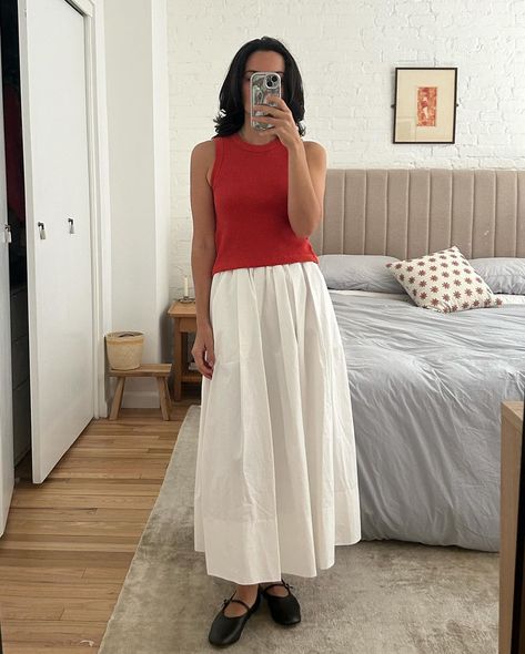 Doen Sebastian Skirt, Tan Maxi Skirt Outfit, Mya Hansel, White Maxi Skirt Outfit Summer, Maxi White Skirt, Tiered Skirt Outfit, White Maxi Skirt Outfit, Shoes Outfit Ideas, Mary Jane Shoes Outfit