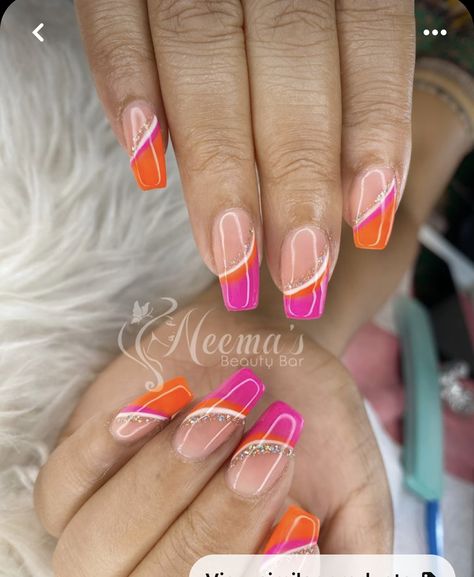 Orange Gel Manicure Ideas, Holiday Nails Orange And Pink, Coral Abstract Nails, Hot Pink And Peach Nails, Fushia And Orange Nails, Pink And Orange Holiday Nails, Hot Pink And Orange Nail Designs, Orange And Peach Nails, Orange And Pink Nails Ideas