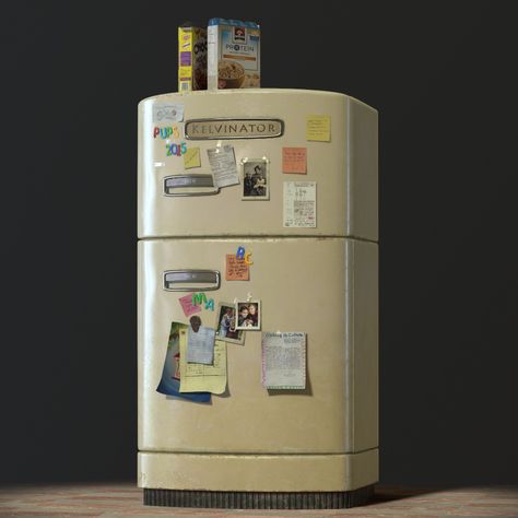 ArtStation - Old Fridge, Krishna Babu (Unni) Kitchen Concept Art, Fridge Aesthetic, Object Inspiration, Old Fridge, Personal Project Ideas, Fridge Models, Fridge Art, The Twits, Environment Props