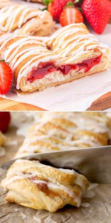 Start your day with this delightful, simple baking idea! This Strawberry Cream Cheese Danish recipe only has 7 ingredients, including luscious strawberry jam and flaky puff pastry. It's a light and easy brunch recipe that is also perfect for a simple breakfast idea! Strawberry Cream Cheese Danish Recipe, Breakfast Pastries Easy, Strawberry Danish Recipe, Danish Recipe Puff Pastry, Strawberry Cream Cheese Danish, Cherry Danish Recipe, Strawberry Cream Cheese Muffins, Strawberry Danish, Strawberry Puff Pastry