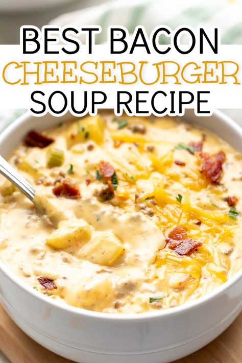 Spoon dipping into a bowl of soup. Extra Creamy Slow Cooker Cheeseburger Soup, Bacon Cheeseburger Soup Recipe, Dutch Oven Cheeseburger Soup, Bacon Cheeseburger Soup Stovetop, Extra Creamy Cheeseburger Soup, Creamy Soup With Ground Beef, Ground Beef And Potato Soup Recipes, Bacon Cheese Burger Soup, Cheeseburger Soup Without Velveeta