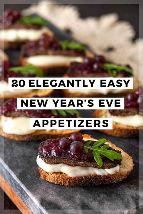 These elegantly easy New Year's Eve Appetizers are elevated and impressive, but won't take all day to prepare! Enough crispy, crunchy, sweet and savory canapés, crostini, croquets, pates, and eye-catching delights for omnivores, vegetarians and vegans too – you'll have an easy time mix and matching these beautiful hors d'oeuvres for your special affair. New Years Eve Dinner Party Menu Ideas, New Year’s Eve Appetizer Ideas, Black Appetizers, Elegant Appetizers For Party, New Year’s Eve Menu Ideas, Olive Appetizer Ideas, New Year’s Eve Recipes, High End Appetizers, Easy Fancy Appetizers