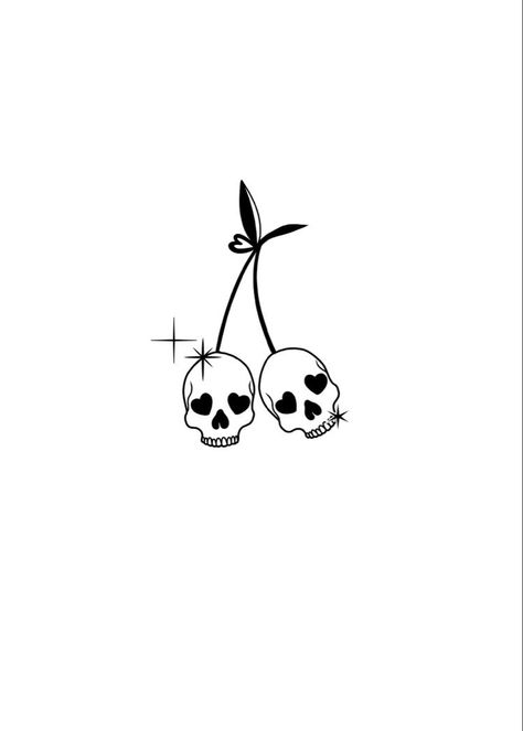 Skeleton Cherry Tattoo, Cool Sticker Tattoos, Cherry Skull Drawing, Small Cute Skull Tattoos, Tiny Skull Tattoo Simple, Spooky Woman Tattoo, Skull Cherry Tattoo Simple, Spooky Little Tattoos, Cherry Drawing Tattoo