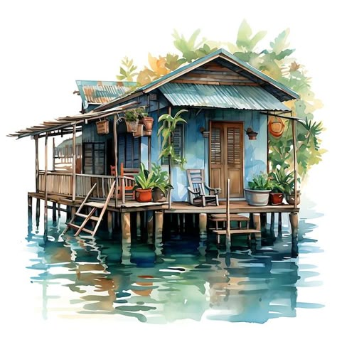 Sims 4 Sulani, Art Color Pencil, House Portrait Painting, Stilt Houses, Stilt House, Watercolor Painting Tutorial, Buildings Art, Apocalypse Aesthetic, Sea Illustration