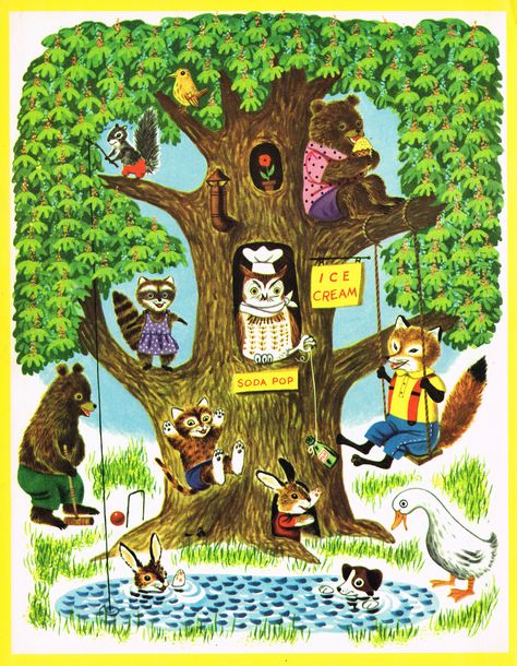 from "The New Golden Almanac" by Kathryn Jackson, illustrated by Richard Scarry, 1952 Richard Scary, Richard Scarry, Mid Century Illustration, Summer Scenes, Summer Illustration, Childrens Books Illustrations, Animal Illustrations, Book Illustrations, Vintage Children's Books