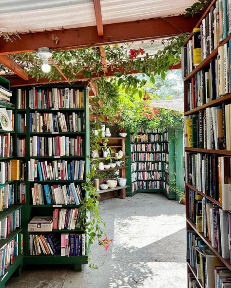 Magical Bookshops - The Shopkeepers Museum Bookstore Aesthetic, Bookstore With Cafe, Greenhouse Coffee Shop, Cafe Bookstore Aesthetic, Greenhouse Library, Bookstore Coffee Shop, Bookstore Wedding, Outdoor Library, Books And Plants